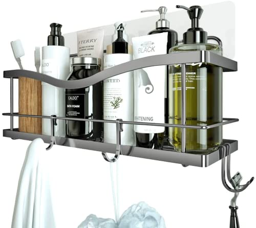 KINCMAX Shower Caddy, Rustproof SUS304 Stainless Steel, Adhesive Wall Mount Drill-Free Baskets with Hooks (Polished Silver)