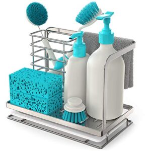 favothings kitchen sink caddy sponge holder dish brush storage with drain tray, sus304 stainless steel, countertop sponge brush rags soap holder, silver