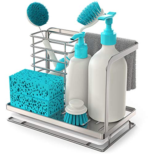 FavoThings Kitchen Sink Caddy Sponge Holder Dish Brush Storage with Drain Tray, SUS304 Stainless Steel, Countertop Sponge Brush Rags Soap Holder, Silver