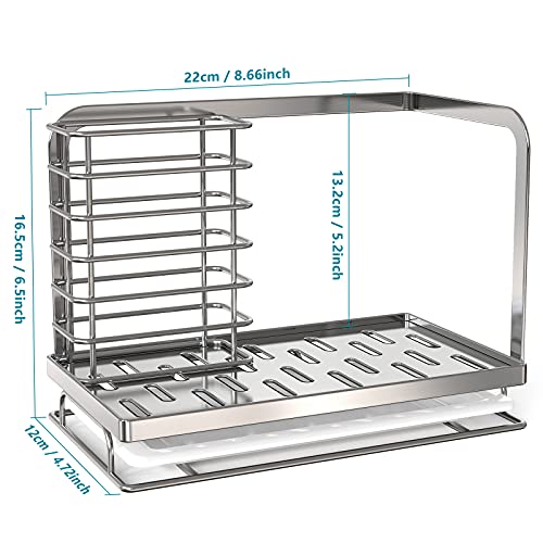 FavoThings Kitchen Sink Caddy Sponge Holder Dish Brush Storage with Drain Tray, SUS304 Stainless Steel, Countertop Sponge Brush Rags Soap Holder, Silver