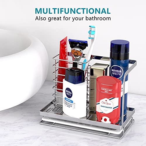 FavoThings Kitchen Sink Caddy Sponge Holder Dish Brush Storage with Drain Tray, SUS304 Stainless Steel, Countertop Sponge Brush Rags Soap Holder, Silver