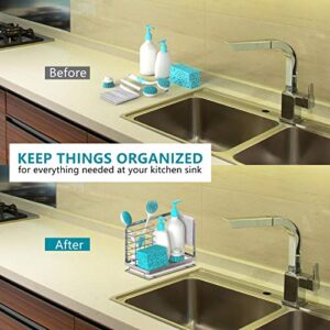 FavoThings Kitchen Sink Caddy Sponge Holder Dish Brush Storage with Drain Tray, SUS304 Stainless Steel, Countertop Sponge Brush Rags Soap Holder, Silver