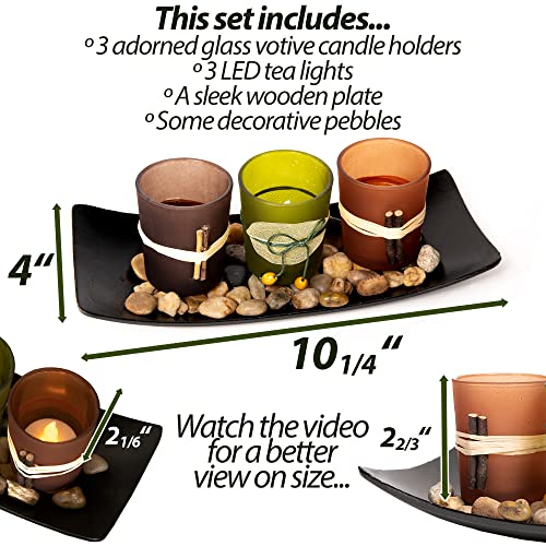 Dawhud Direct Votive Candle Holder, Vintage Decor Flameless Natural Candlescape Set, 3 LED Tea Light Candles, Rocks and Tray (Natural Earth Tones) Bath Decor Decorative Candles Zen Room Decor Gift