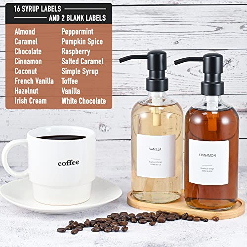 Coffee Syrup Dispenser for Coffee Station | Glass Syrup Dispenser for Coffee Bar | Includes 2 Glass Syrup Bottle, Pumps and Labels, 16.9 oz 500 ml.