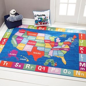 eric carle elementary usa map kids machine washable area rug blue/red, 35″x51″