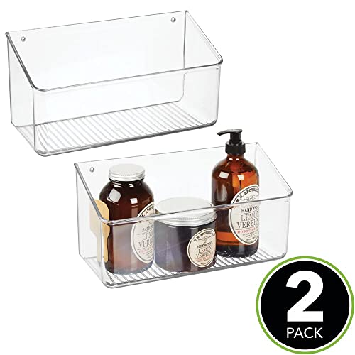 mDesign Plastic Wall Mount Organizer - 12" Wide Hanging Caddy for Home Storage - Angled Mountable Container Bin for Dorm, Bathroom, and Office - Phone Holder Basket - Ligne Collection - 2 Pack -Clear