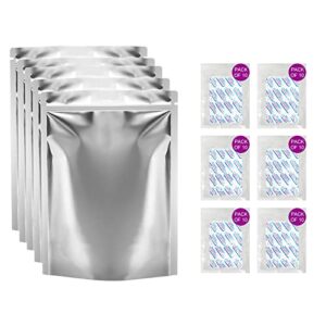 50 pack 1 quart mylar bags for food storage with 60 pack 300cc oxygen absorbers stand-up zipper pouches resealable for long term food storage (7″ x 10″)