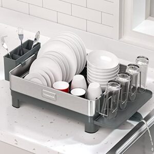 tomgear large dish drying rack, dish drainers with 360°rotatable spout, cup holder, utensil holder and removable drainboard, space-saving dish drainers for kitchen counter
