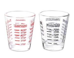 shot glasses measuring cup espresso shot glass liquid heavy glass wine glass 2 pack 26-incremental measurement 1oz, 6 tsp, 2 tbs, 30ml (black and red)