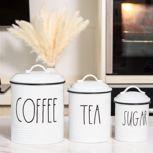 Brighter Barns Coffee Sugar Tea Canister Set Farmhouse Coffee Container Set - Large Airtight Food Storage Containers with Lids - Farmhouse Kitchen Decor - Coffee Station Decor & Accessories