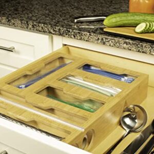 Shaw Limited Ziplock Bag Organizer - Bamboo, 6 in 1 Wrap Dispenser with Cutter, Perfect for Gallon, Quart, Sandwich & Snack Bag, Cling Film, Aluminum Foil etc; Compatible with 12" Kitchen Rolls