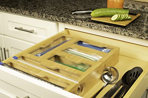 Shaw Limited Ziplock Bag Organizer - Bamboo, 6 in 1 Wrap Dispenser with Cutter, Perfect for Gallon, Quart, Sandwich & Snack Bag, Cling Film, Aluminum Foil etc; Compatible with 12" Kitchen Rolls