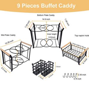 TQVAI 3 Tier Buffet Caddy(Set of 9) Napkin Plate Utensils Organizer with 4 Mugs Hooks - Ideal for Kitchen, Dining, Entertaining, Parties, Picnics, Black