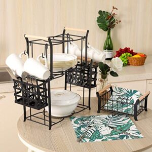 TQVAI 3 Tier Buffet Caddy(Set of 9) Napkin Plate Utensils Organizer with 4 Mugs Hooks - Ideal for Kitchen, Dining, Entertaining, Parties, Picnics, Black