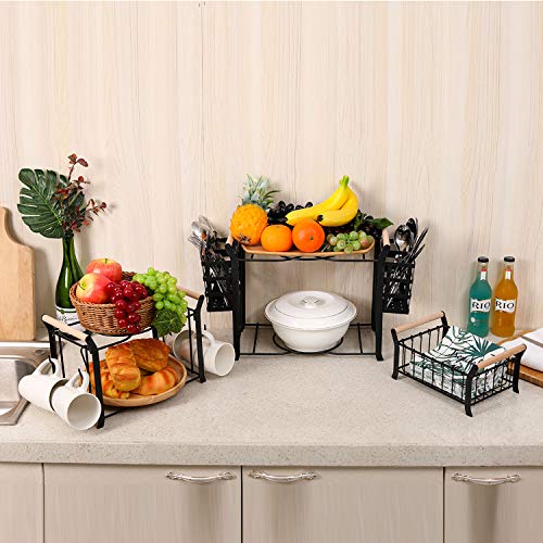 TQVAI 3 Tier Buffet Caddy(Set of 9) Napkin Plate Utensils Organizer with 4 Mugs Hooks - Ideal for Kitchen, Dining, Entertaining, Parties, Picnics, Black
