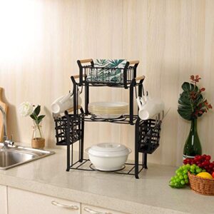 TQVAI 3 Tier Buffet Caddy(Set of 9) Napkin Plate Utensils Organizer with 4 Mugs Hooks - Ideal for Kitchen, Dining, Entertaining, Parties, Picnics, Black