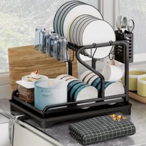 Dish Drying Rack,2-Tier Dish Racks for Kitchen Counter with Drainboard ,Multifunctional Dish Drainer Set with Utensils Holder and Glasses Holder, Stable Dish Strainers with Extra Drying Mat (Black)