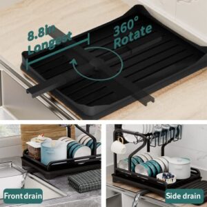 Dish Drying Rack,2-Tier Dish Racks for Kitchen Counter with Drainboard ,Multifunctional Dish Drainer Set with Utensils Holder and Glasses Holder, Stable Dish Strainers with Extra Drying Mat (Black)