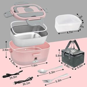 Electric Lunch Box Food Heater, Upgraded 80W Food Heated Electric Heating Lunch Box, 3 in 1 12V 24V 110-220V Portable Food Warmer Lunch Box with 304 SS Container Fork Spoon & Insulated Bag (Pink)