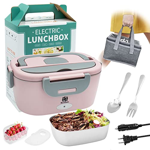 Electric Lunch Box Food Heater, Upgraded 80W Food Heated Electric Heating Lunch Box, 3 in 1 12V 24V 110-220V Portable Food Warmer Lunch Box with 304 SS Container Fork Spoon & Insulated Bag (Pink)