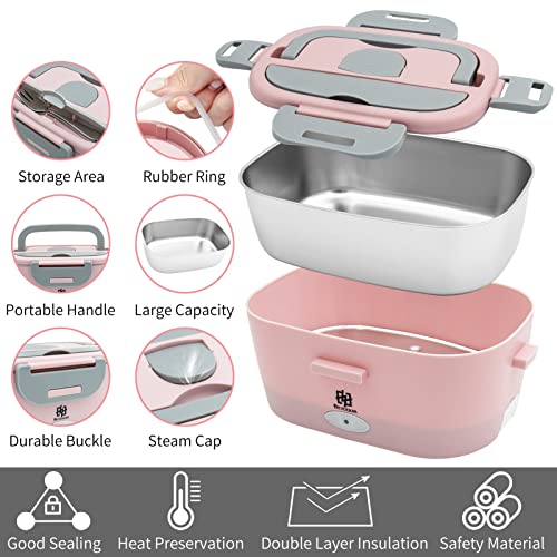 Electric Lunch Box Food Heater, Upgraded 80W Food Heated Electric Heating Lunch Box, 3 in 1 12V 24V 110-220V Portable Food Warmer Lunch Box with 304 SS Container Fork Spoon & Insulated Bag (Pink)