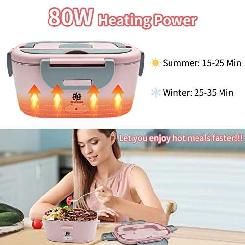 Electric Lunch Box Food Heater, Upgraded 80W Food Heated Electric Heating Lunch Box, 3 in 1 12V 24V 110-220V Portable Food Warmer Lunch Box with 304 SS Container Fork Spoon & Insulated Bag (Pink)