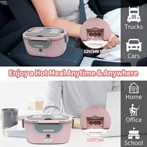 Electric Lunch Box Food Heater, Upgraded 80W Food Heated Electric Heating Lunch Box, 3 in 1 12V 24V 110-220V Portable Food Warmer Lunch Box with 304 SS Container Fork Spoon & Insulated Bag (Pink)