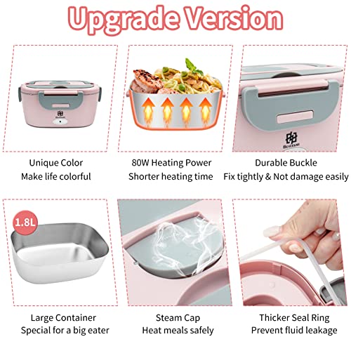 Electric Lunch Box Food Heater, Upgraded 80W Food Heated Electric Heating Lunch Box, 3 in 1 12V 24V 110-220V Portable Food Warmer Lunch Box with 304 SS Container Fork Spoon & Insulated Bag (Pink)