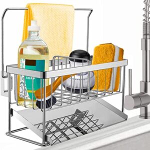 iBigLY Sponge Holder Kitchen Sink Caddy Organizer, 304 Stainless Steel Kitchen Soap Dispenser Caddy Organizer with Auto Drain Tray, Sink Rack for Kitchen & Bathroom Holding Sponge and Towel (Silver)