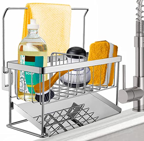 iBigLY Sponge Holder Kitchen Sink Caddy Organizer, 304 Stainless Steel Kitchen Soap Dispenser Caddy Organizer with Auto Drain Tray, Sink Rack for Kitchen & Bathroom Holding Sponge and Towel (Silver)