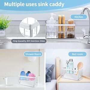 iBigLY Sponge Holder Kitchen Sink Caddy Organizer, 304 Stainless Steel Kitchen Soap Dispenser Caddy Organizer with Auto Drain Tray, Sink Rack for Kitchen & Bathroom Holding Sponge and Towel (Silver)