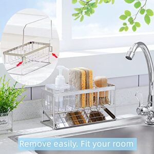 iBigLY Sponge Holder Kitchen Sink Caddy Organizer, 304 Stainless Steel Kitchen Soap Dispenser Caddy Organizer with Auto Drain Tray, Sink Rack for Kitchen & Bathroom Holding Sponge and Towel (Silver)