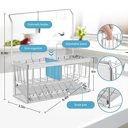 iBigLY Sponge Holder Kitchen Sink Caddy Organizer, 304 Stainless Steel Kitchen Soap Dispenser Caddy Organizer with Auto Drain Tray, Sink Rack for Kitchen & Bathroom Holding Sponge and Towel (Silver)