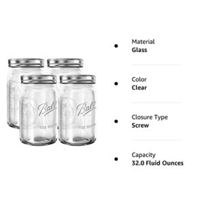 Mason Jars Wide Mouth 32 oz Bundle with Non Slip Jar Opener brand BHL Jars - Set of 4 Quart Size Mason Jars - Canning Glass Jars with Lids