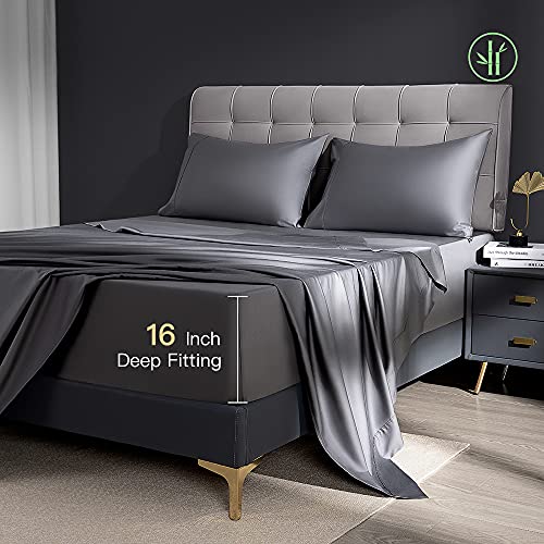 Shilucheng Cooling Breathable Bamboo Bed Sheets Set - King Size,1800 Thread Count Super Silky Soft with 16 Inch Deep Pocket, Machine Washable, 4 Piece (King,Dark Grey)