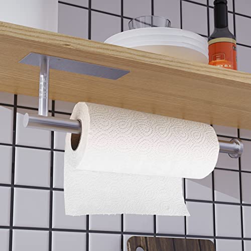 Paper Towel Holder Under Cabinet, Sliver Drilling or Self Adhesive Paper Towel Holder, Paper Towel Roll Rack, SUS304 Stainless Steel Under Counter Paper Towel Holder for Kitchen, Pantry, Bathroom