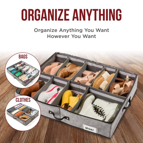 SHIZZO Adjustable Underbed Storage Solution Organizer Bin 30x24.5x5.3 inches Set of 2 - 20 Adjustable Dividers - Use as Shoe Storage or Under Bed Drawers - For Shoes, Clothes, Boots, Toys - Up to 12 Shoes Each organizer - For Closet, Under Bed, Shoe Rack,