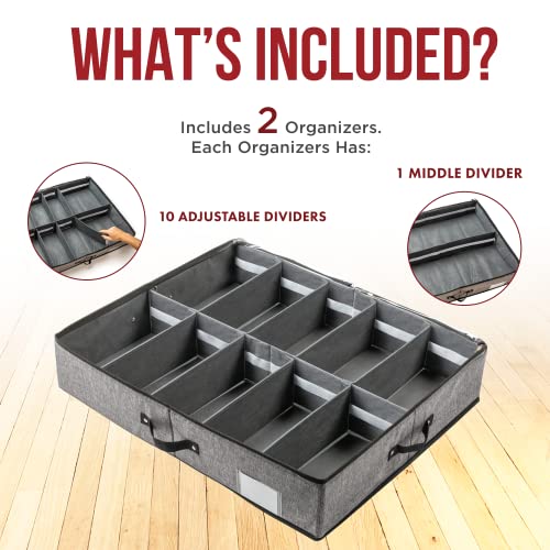 SHIZZO Adjustable Underbed Storage Solution Organizer Bin 30x24.5x5.3 inches Set of 2 - 20 Adjustable Dividers - Use as Shoe Storage or Under Bed Drawers - For Shoes, Clothes, Boots, Toys - Up to 12 Shoes Each organizer - For Closet, Under Bed, Shoe Rack,