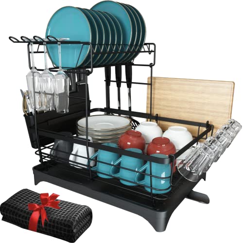 SHAINFUN Dish Drying Rack with Drainboard Set,2-Tier Dish Rack for Kitchen Counter,Rust Prevention Large Capacity Dish Drainer Organizer with Utensil Holder,Wine Glass Holder.