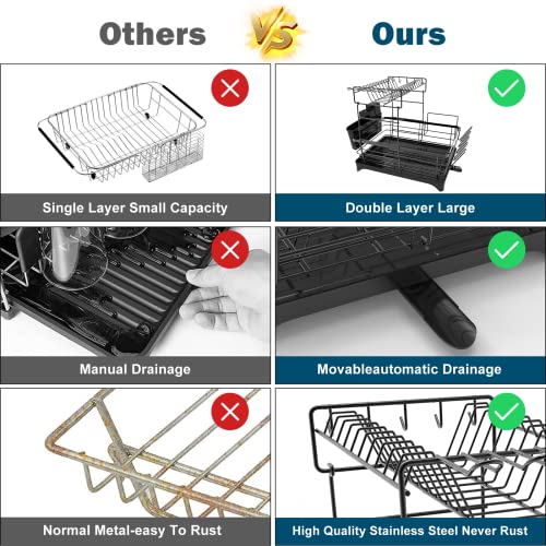 SHAINFUN Dish Drying Rack with Drainboard Set,2-Tier Dish Rack for Kitchen Counter,Rust Prevention Large Capacity Dish Drainer Organizer with Utensil Holder,Wine Glass Holder.