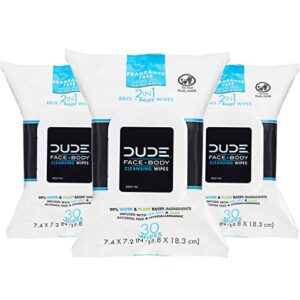 dude wipes face and body wipes – 3 pack, 90 wipes – unscented wipes with sea salt & aloe – 2-in-1 body & face wipes – alcohol free and hypoallergenic cleansing wipes