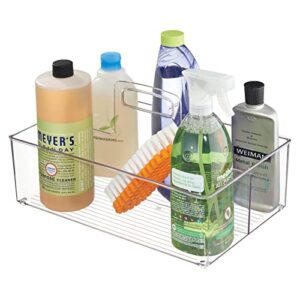 mdesign large plastic divided portable storage organizer caddy tote basket bin with handle for kitchen, pantry, countertop, cabinet, cupboard – ligne collection – clear