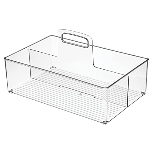 mDesign Large Plastic Divided Portable Storage Organizer Caddy Tote Basket Bin with Handle for Kitchen, Pantry, Countertop, Cabinet, Cupboard - Ligne Collection - Clear