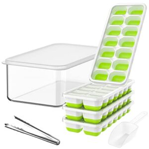 doqaus ice cube tray with lid and bin, silicone & plastic ice cube trays for freezer with ice box, 4 pack ice trays with ice container, stackable ice tray with storage ice bucket bin, ice tong & scoop