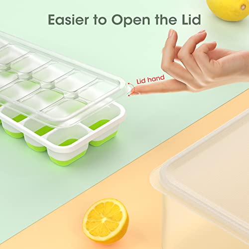 DOQAUS Ice Cube Tray with Lid and Bin, Silicone & Plastic Ice Cube Trays for Freezer with Ice Box, 4 Pack Ice Trays with Ice Container, Stackable Ice Tray with Storage Ice Bucket Bin, Ice Tong & Scoop