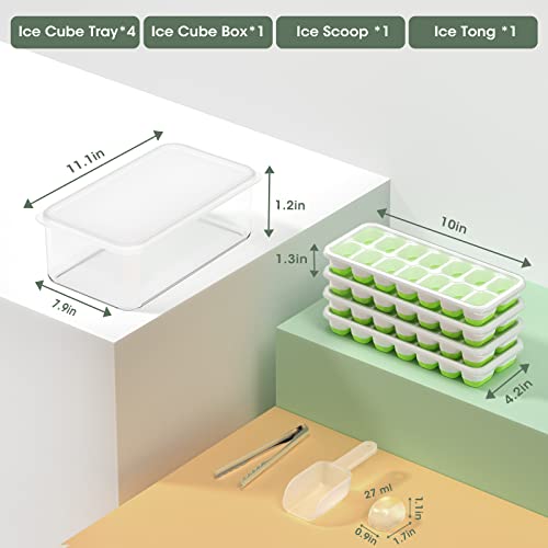 DOQAUS Ice Cube Tray with Lid and Bin, Silicone & Plastic Ice Cube Trays for Freezer with Ice Box, 4 Pack Ice Trays with Ice Container, Stackable Ice Tray with Storage Ice Bucket Bin, Ice Tong & Scoop