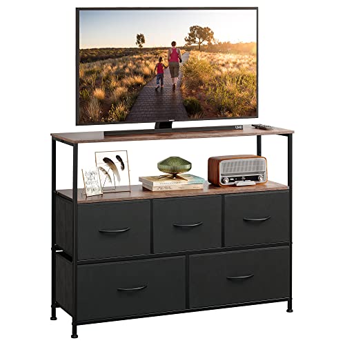 WLIVE Dresser TV Stand, Entertainment Center with Fabric Drawers, Media Console Table with Open Shelves for TV up to 45 inch, Storage Drawer Unit for Bedroom, Living Room, Black and Rustic Brown