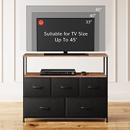 WLIVE Dresser TV Stand, Entertainment Center with Fabric Drawers, Media Console Table with Open Shelves for TV up to 45 inch, Storage Drawer Unit for Bedroom, Living Room, Black and Rustic Brown