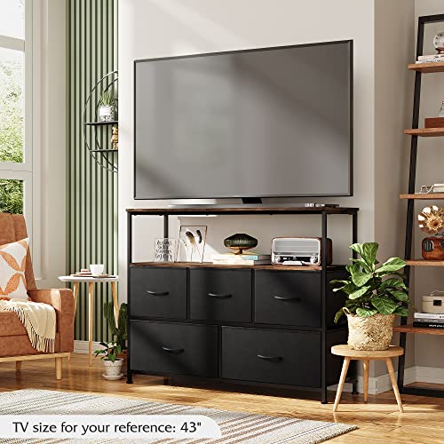 WLIVE Dresser TV Stand, Entertainment Center with Fabric Drawers, Media Console Table with Open Shelves for TV up to 45 inch, Storage Drawer Unit for Bedroom, Living Room, Black and Rustic Brown