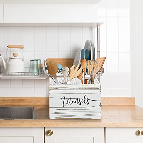 Wood Utensil Caddy for Kitchen Countertop, Utensil Holder with 2 Compartments, Wood utensil Crock for Kitchen Counter, Kitchen Utensil Organizer for Countertop, Rustic White